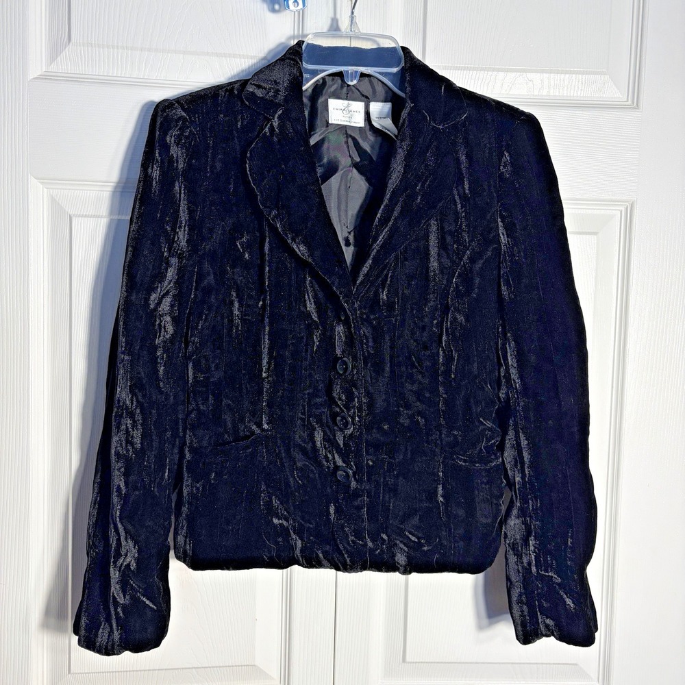 Vintage Emma James Crushed Velvet Jacket Petite 4 Black Tailored 3 Button Blazer